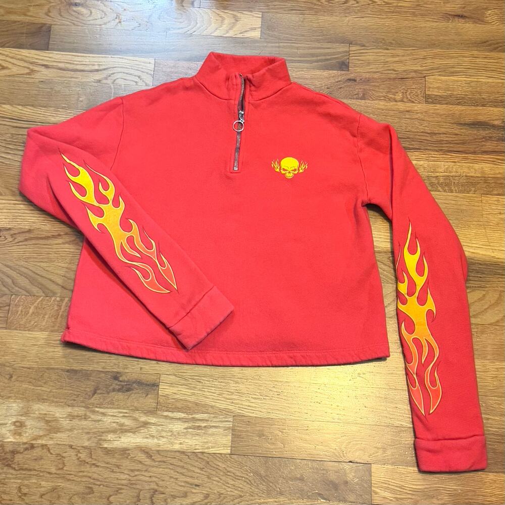 Future State Women’s Small Red Skull Fire Zip Long Sleeve Pullover Sweater Retro